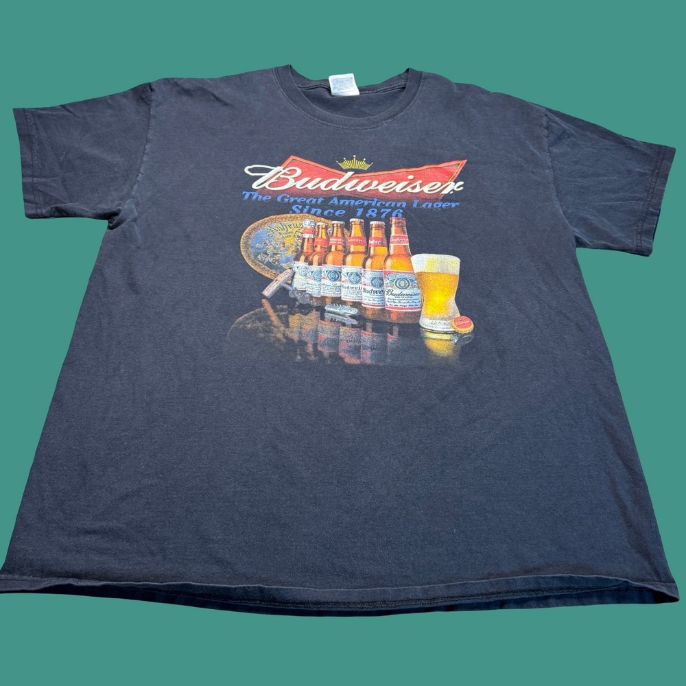 Budweiser Beer T Shirt XL Great American Lager Bottles Graphic Black Hanes